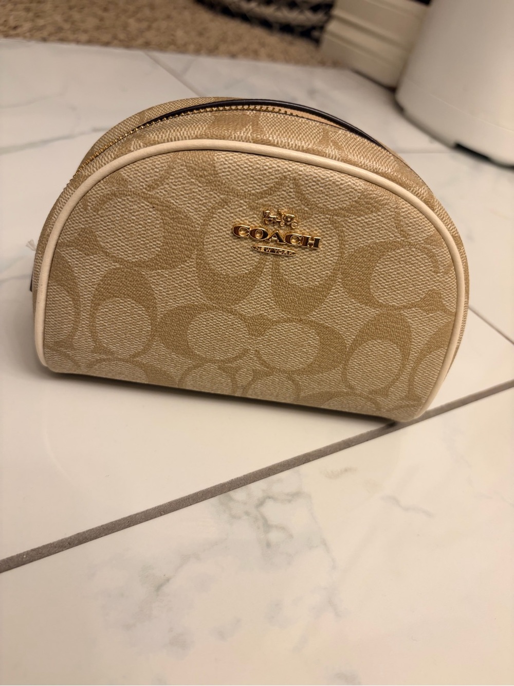 Coach Beige Signature Half-Moon Cosmetic Pouch with Gold Logo